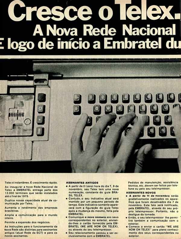 Cresce o Telex. Cresce o Brasil. A nova rede nacional de Telex está inaugurada. E logo de início a Embratel duplica o número de terminais.