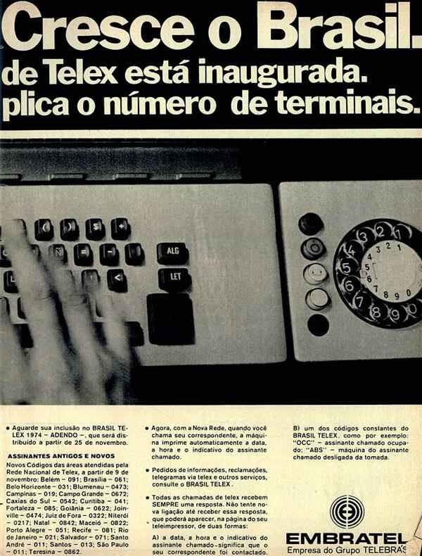 Cresce o Telex. Cresce o Brasil. A nova rede nacional de Telex está inaugurada. E logo de início a Embratel duplica o número de terminais.