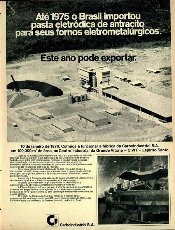 Até 1975 o Brasil importou pasta eletródica de antraçito para seus fornos eletrometalúrgicos. Este ano pode exportar