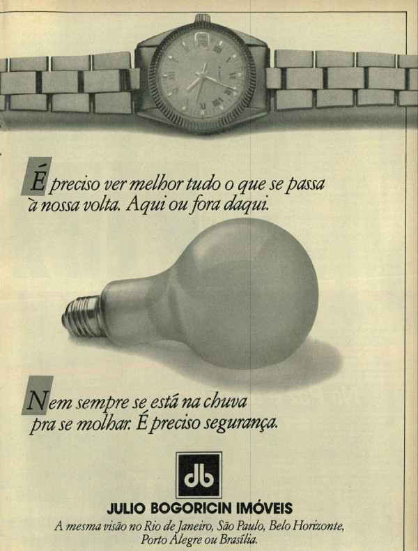 Em qualquer tempo ou lugar, o importante sempre foi não perder tempo. Luz é fundamental sempre. Para iluminar idéias e ações. A Julio Bogoricin espera que, em 87, ninguém perca tempo, veja tudo com clareza, e muita segurança. É preciso ver melhor tudo o que se passa à nossa volta. Aqui ou fora daqui. Nem sempre se está na chuva pra se molhar. É preciso segurança.