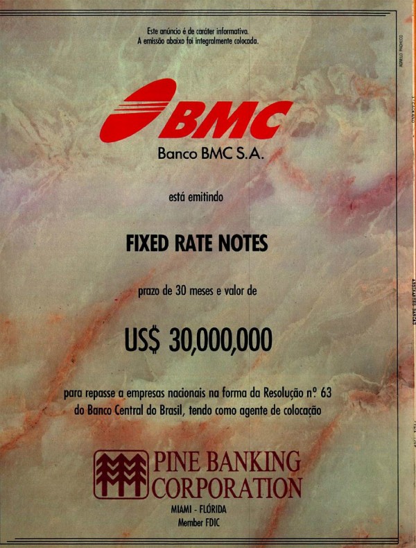 Banco BMC S.A. está emitindo FIXED RATE NOTES prazo de 30 meses e valor de US$ 30,000,000