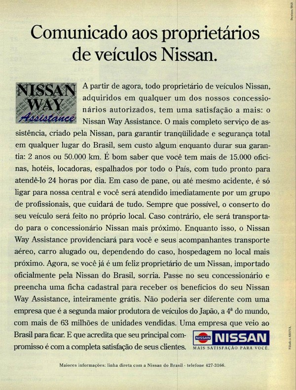Comunicado aos proprietários de veículos Nissan.