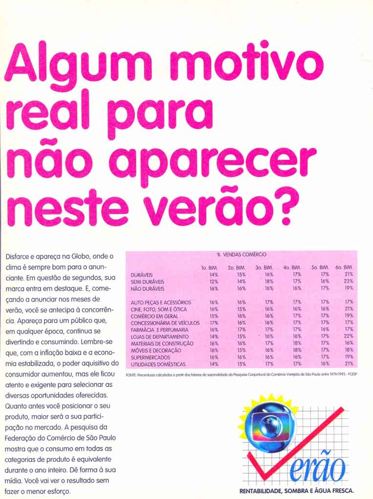 Globo Verão, rentabilidade, sombra e água fresca.