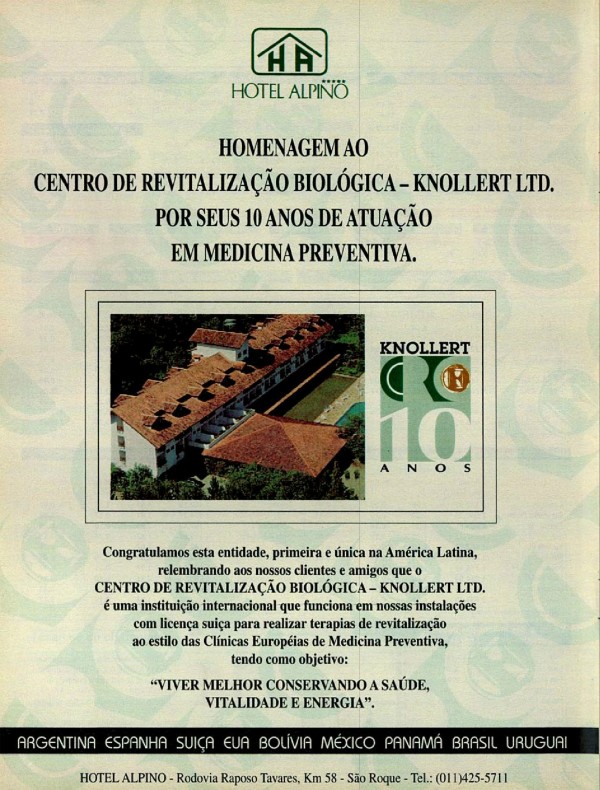 HOMENAGEM AO CENTRO DE REVITALIZAÇÃO BIOLÓGICA - KNOLLERT LTD. POR SEUS 10 ANOS DE ATUAÇÃO EM MEDICINA PREVENTIVA.