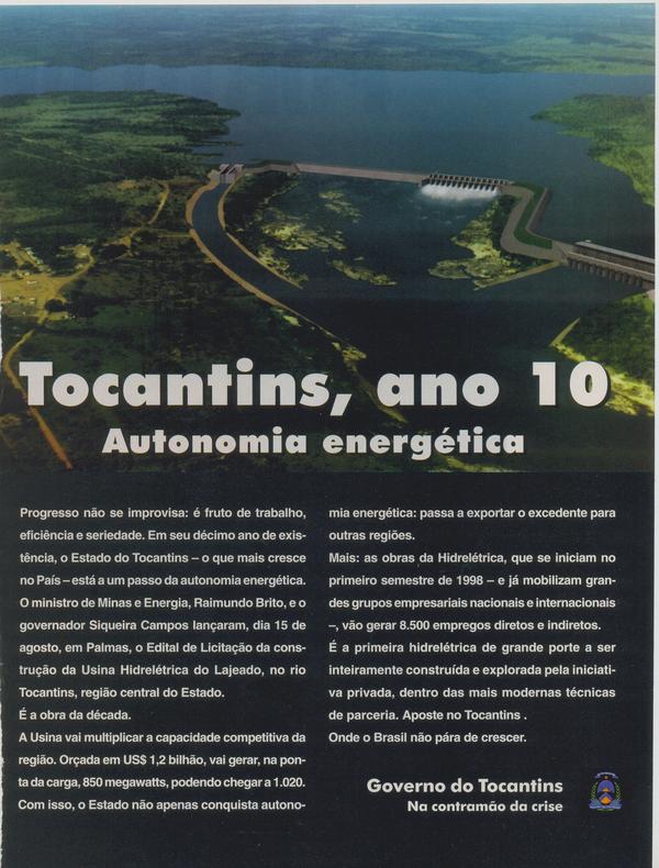 Tocantins, ano 10 autonomia energética.